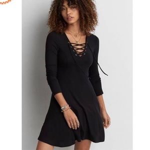 American Eagle Lace Up Skater Dress Black